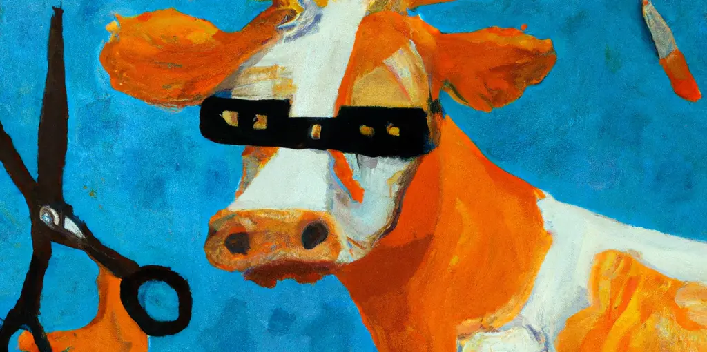 Crazy cow with orange scissors in Van Gogh style